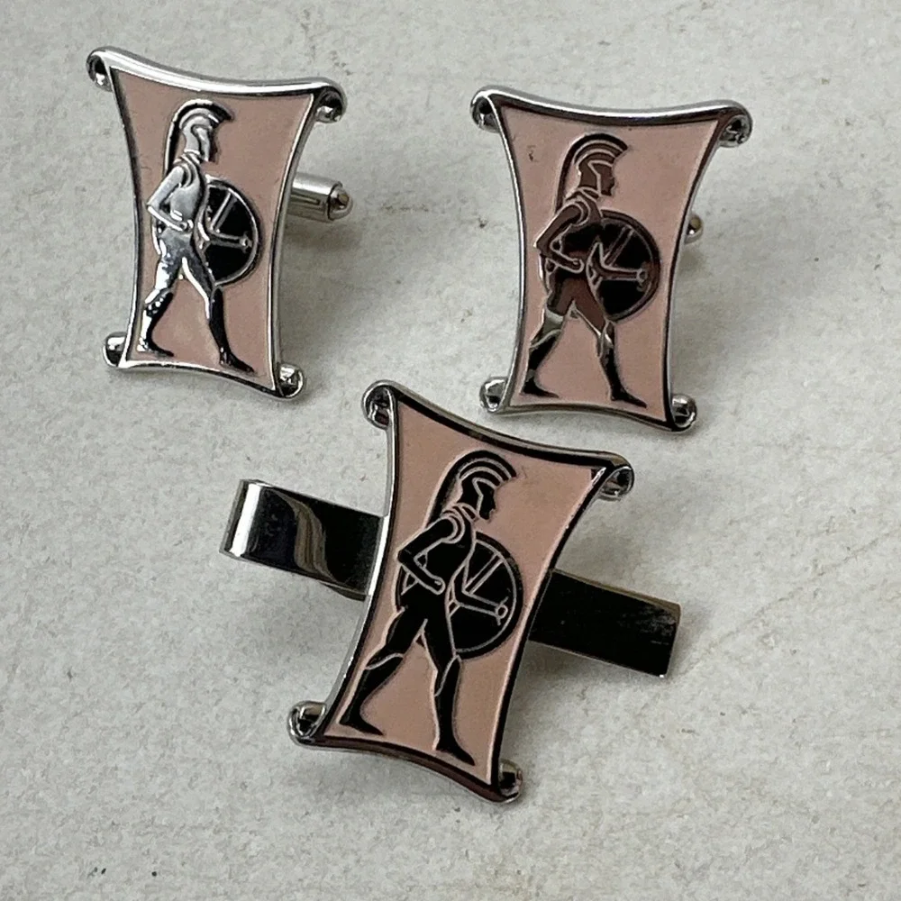 Vintage Swank Silver Tone Pink Roman Spartan Gladiator Cufflinks & Tie Clip Set